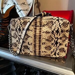 Michael Kors Brown and Cream Crossbody Bag with Snake Print